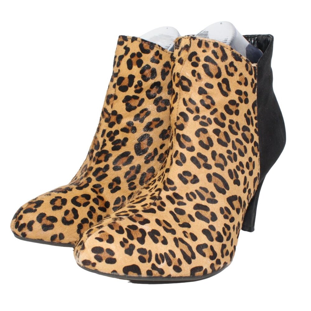 Express Sz 9M Cheetah Print Calf Hair Black Faux Suede Zip Ankle Heeled Booties - Picture 4 of 10